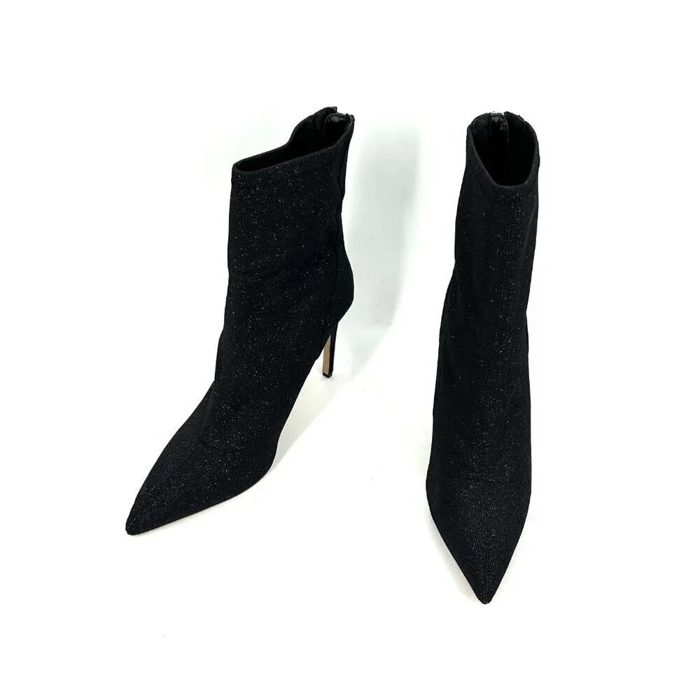 BADGLEY MISCHKA Jewel Black Sparkle Glitter Stretch Pointed Stiletto Booties 9.5